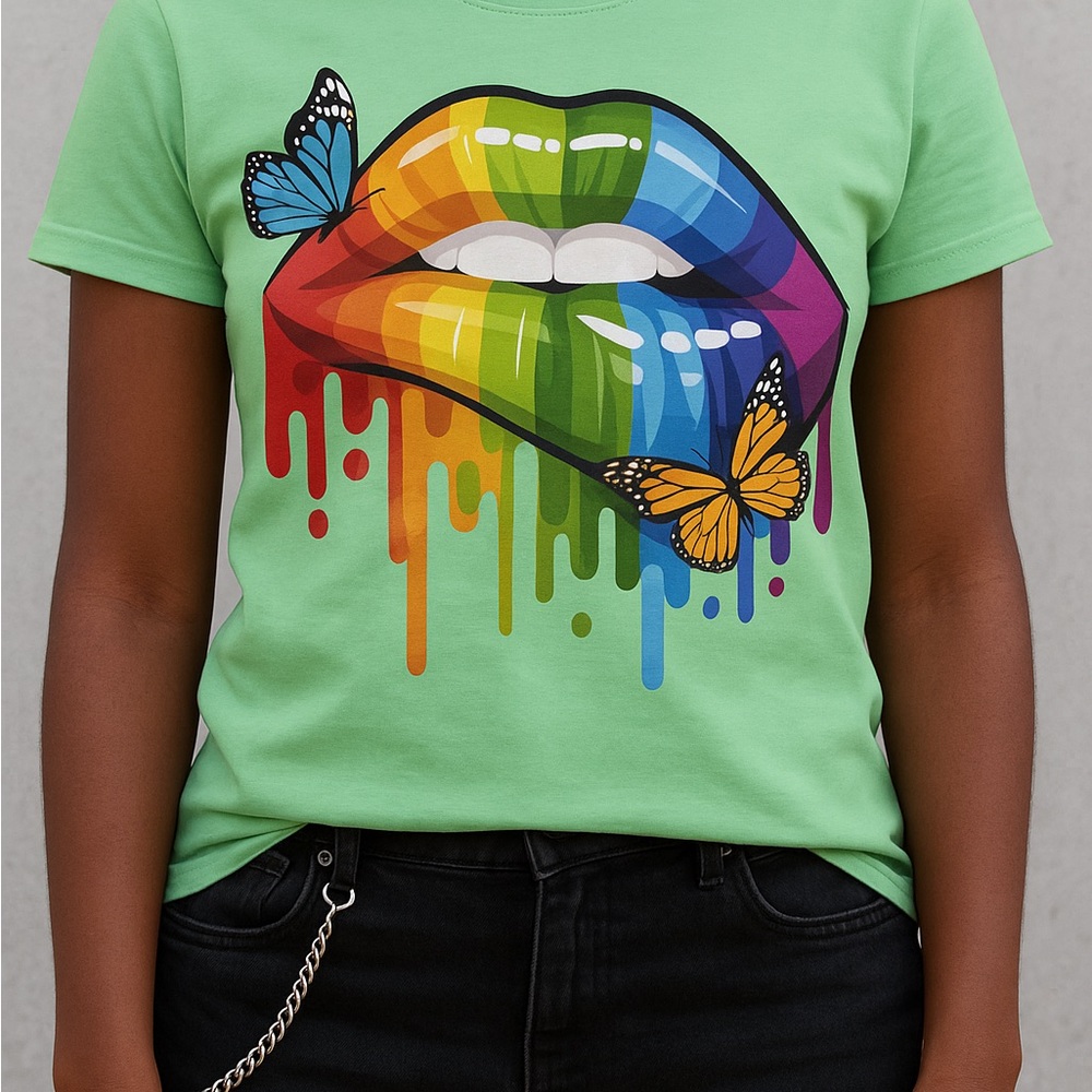 Gildan Green Tee with Rainbow Lips Design